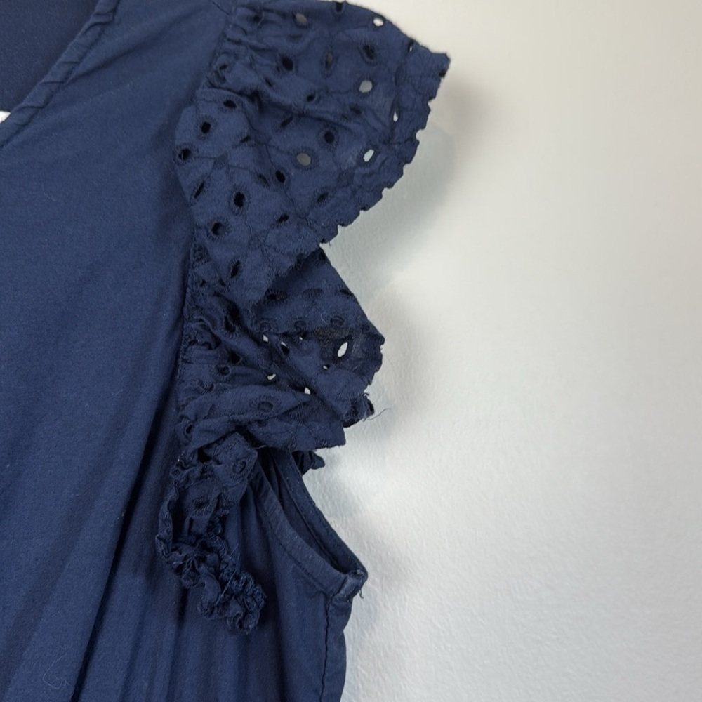Maison Jules Long Navy Dress with Ruffle Eyelet Sleeves Size L 100% Cotton - Picture 5 of 10